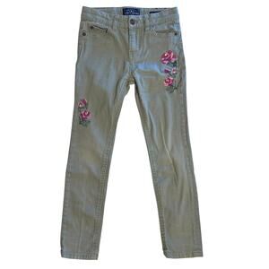 Lucky Brand Zoe Skinny Jeans Girls Size 6X Sage Green Floral Embroidered Boho